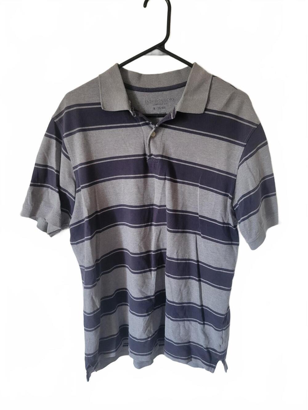 VTG Faded Glory Men's M Gray Navy Stripped Polo Shirt 38/40 Y2K
